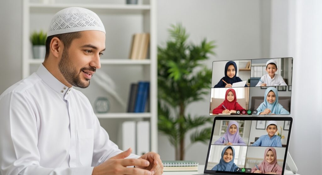 Online Quran academy teacher guiding young students in virtual class
