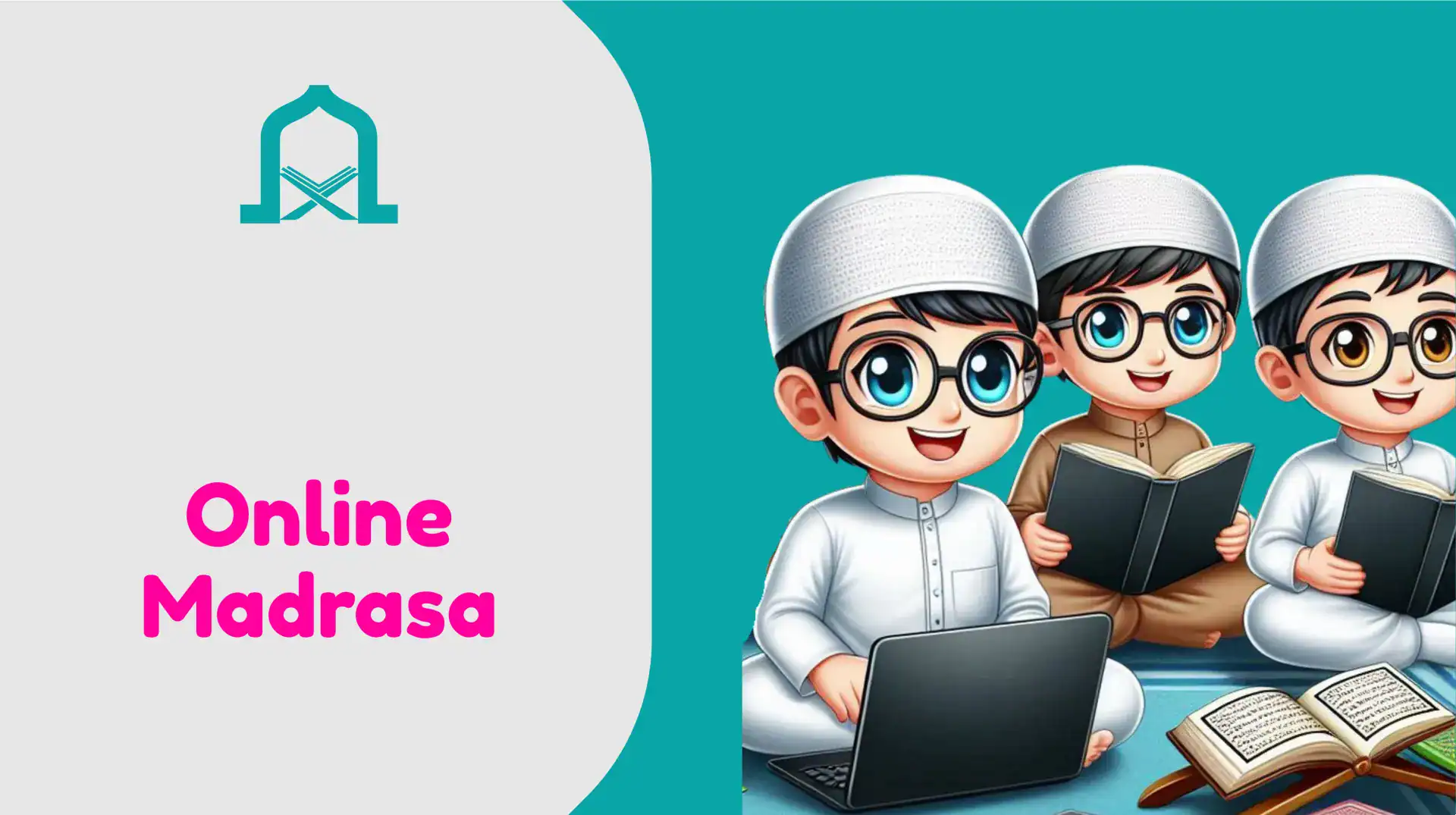 Illustration of Muslim children attending online madrasa classes with laptops and books.