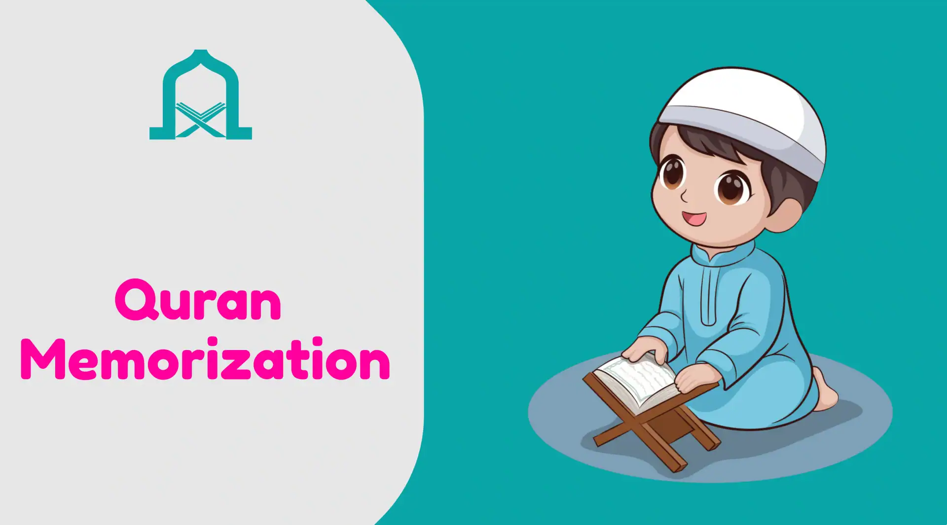 Illustration of a Muslim child memorizing the Quran while reading from a Mushaf.