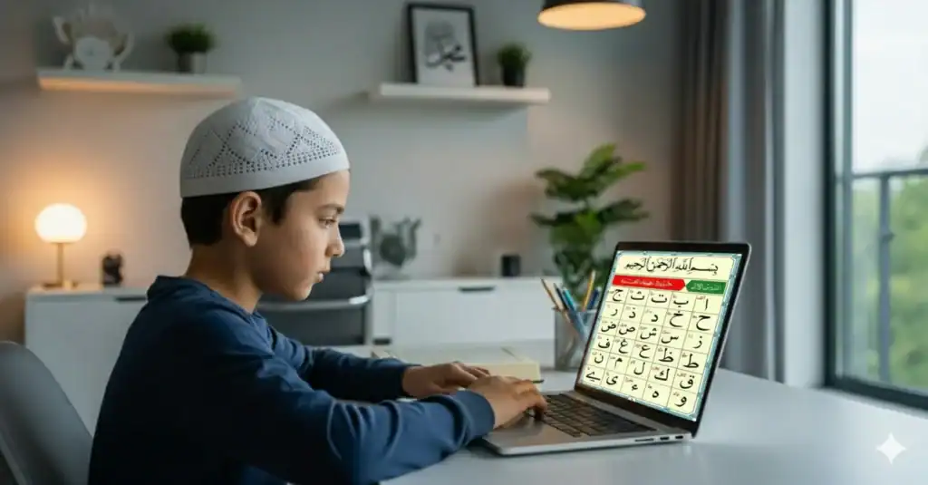 A young boy wearing a white cap is studying Noorani Qaida online on a laptop at home, learning Arabic letters for Quran reading