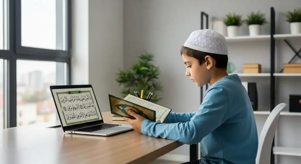 Young boy learning Quran with Tajweed online, holding Quran and studying with laptop