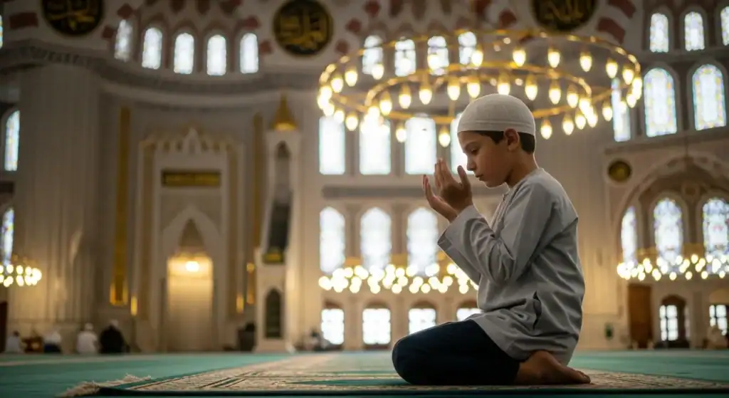 A young Muslim boy making dua in a mosque – Islamic Supplication Course at Muadh ibn Jabal Quran Academy