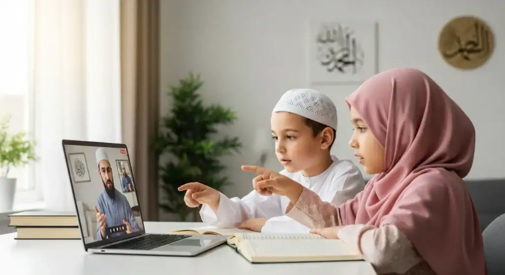 Children learning Qur’an in an online madrasa with Islamic tutor on laptop